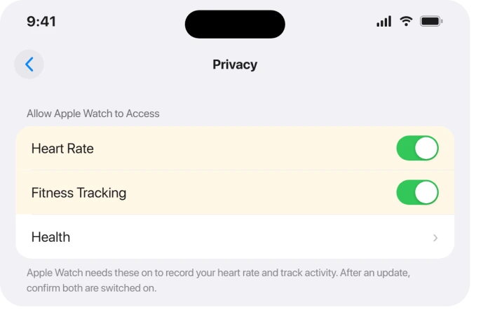 iPhone Watch app Privacy screen showing Heart Rate and Fitness Tracking toggles