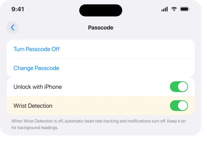 Apple Watch Passcode settings with Wrist Detection toggle