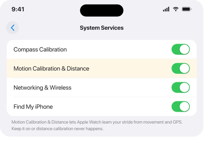 iPhone System Services screen with Motion Calibration and Distance turned on