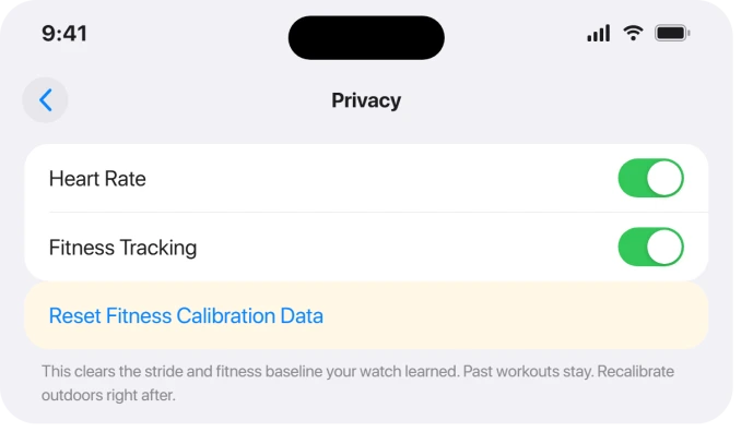 iPhone Watch app Privacy screen with Reset Fitness Calibration Data