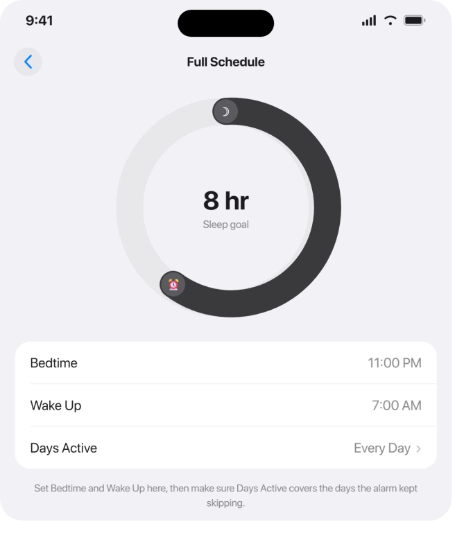 Health app Sleep schedule with Bedtime and Wake Up slider