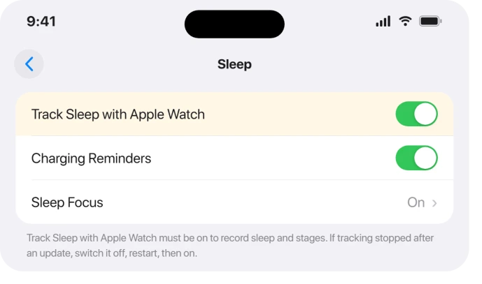 iPhone Watch app Sleep screen with the Track Sleep with Apple Watch toggle