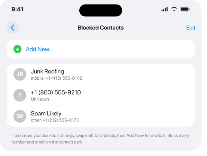Blocked Contacts list in iOS 26 Settings
