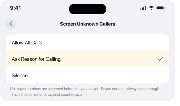 Screen Unknown Callers options in iOS 26
