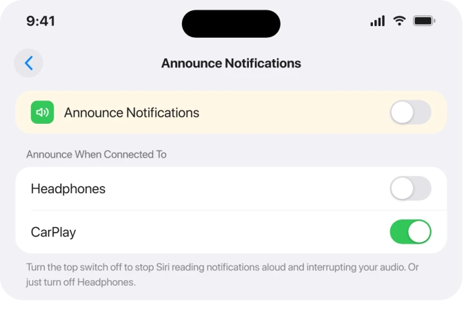 Announce Notifications toggle on iOS 26