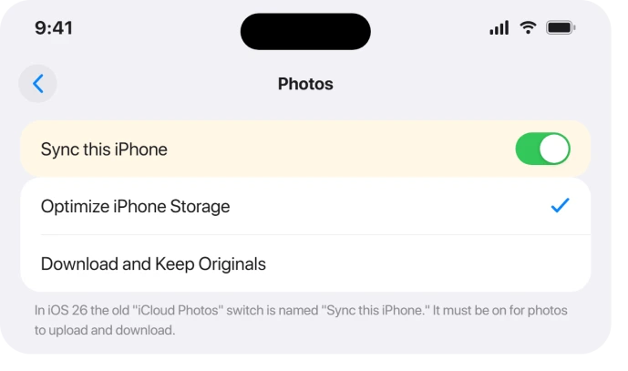 The Sync this iPhone toggle under Settings, iCloud, Photos