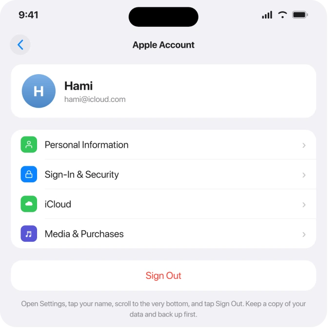 The Apple Account screen with Sign Out at the very bottom