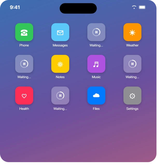 A home screen of dimmed app icons each labeled Waiting after iOS 26