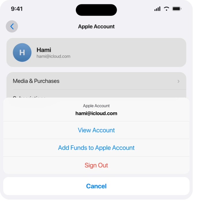 The Media and Purchases sign out screen in Settings