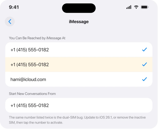 Send and Receive screen showing duplicate phone number