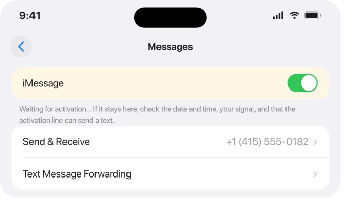 iMessage toggle showing Waiting for activation in Settings