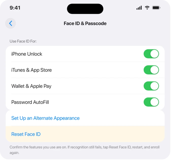 Settings Face ID and Passcode screen with Reset Face ID