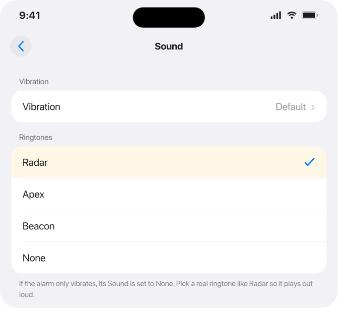 Clock app alarm Sound screen with a ringtone selected instead of None