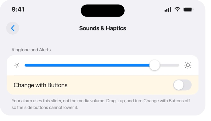 Settings, Sounds and Haptics, Ringtone and Alerts slider with Change with Buttons