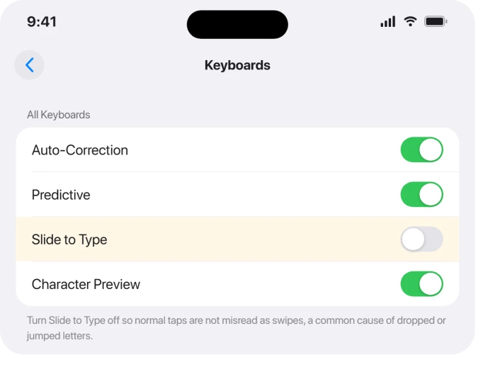 iPhone Keyboard settings with Slide to Type and Predictive toggles