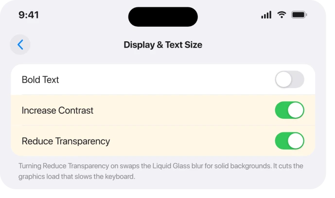 Accessibility, Display and Text Size, Reduce Transparency toggle on