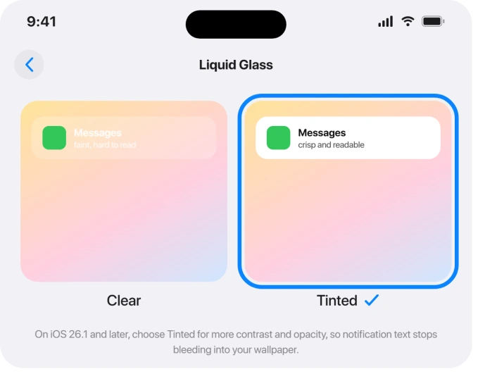 Liquid Glass Clear versus Tinted control in Display and Brightness