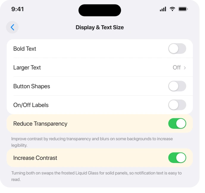Reduce Transparency and Increase Contrast toggles in Accessibility