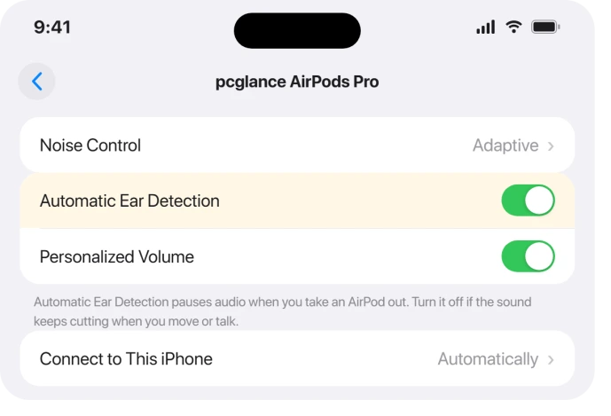 iOS 26 AirPods settings page with Automatic Ear Detection toggle