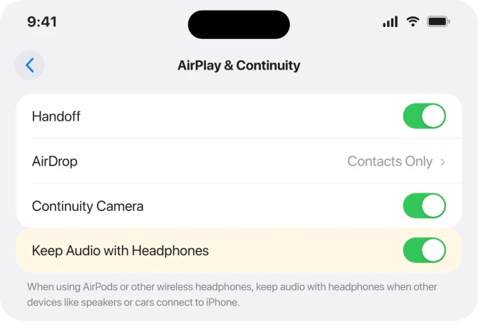 Keep Audio with Headphones toggle in AirPlay and Continuity settings