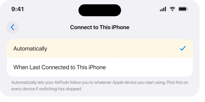 Connect to This iPhone set to Automatically in iOS 26