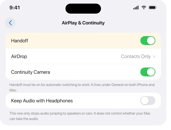 AirPlay and Continuity with Handoff on and Keep Audio with Headphones off
