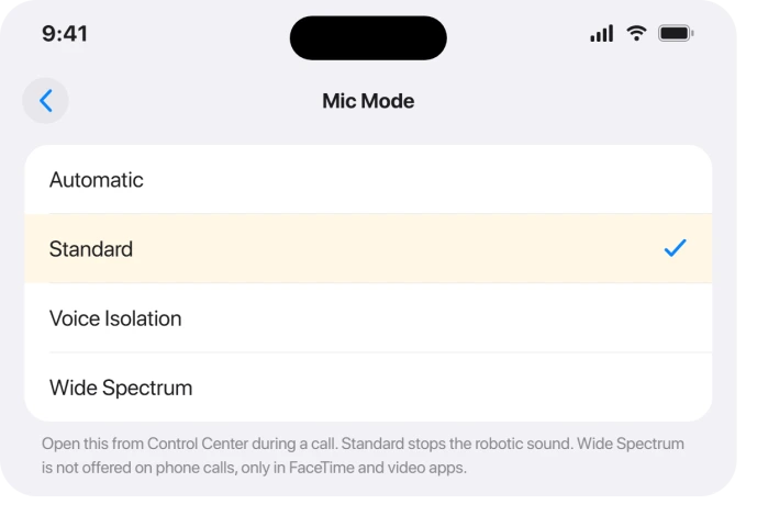 Mic Mode options with Standard, Voice Isolation, and Wide Spectrum
