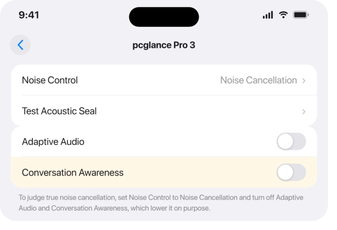 AirPods Pro 3 settings with Noise Control and Test Acoustic Seal