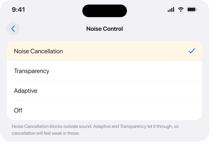 Noise Control set to Noise Cancellation