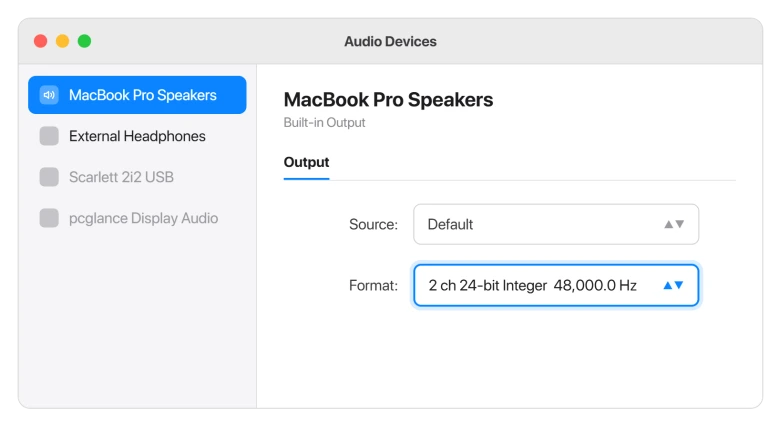 Audio MIDI Setup showing the Format sample rate menu