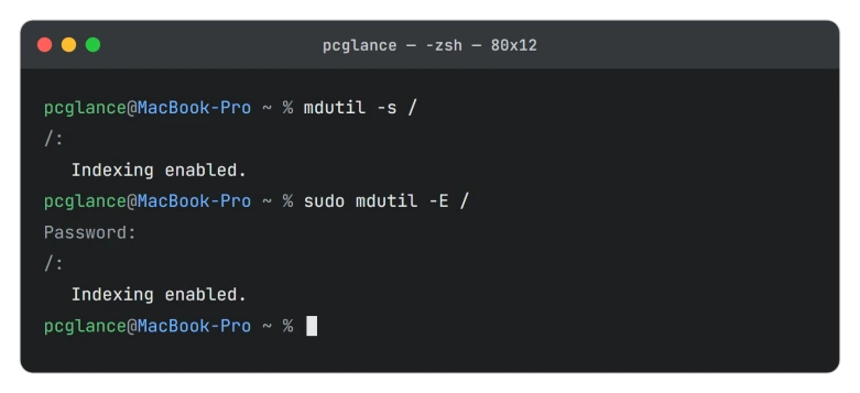 Terminal checking and rebuilding the Spotlight index with mdutil