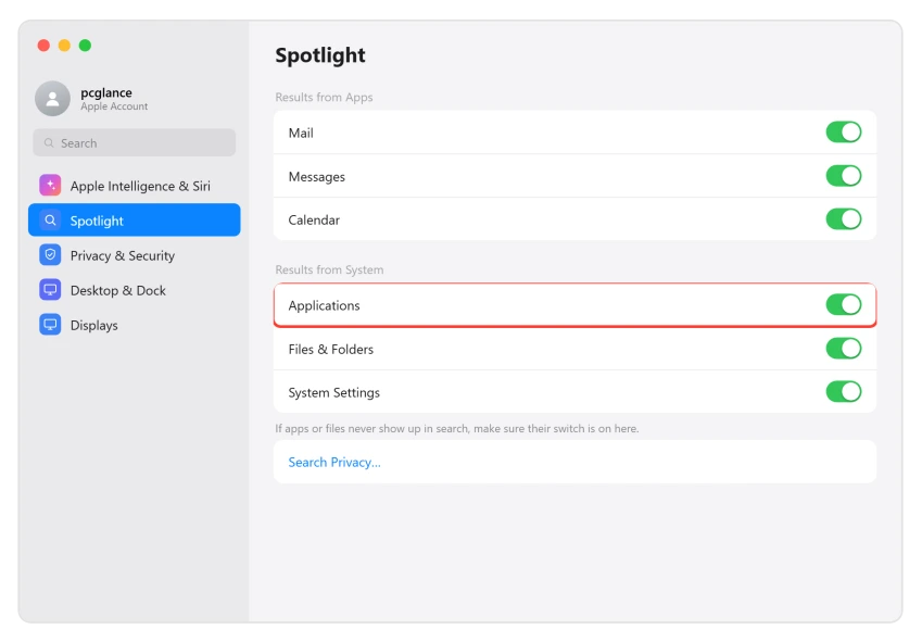 macOS Tahoe Spotlight settings showing Results from Apps and System