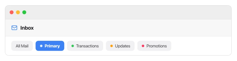 Apple Mail Categories bar with Primary, Transactions, Updates and Promotions