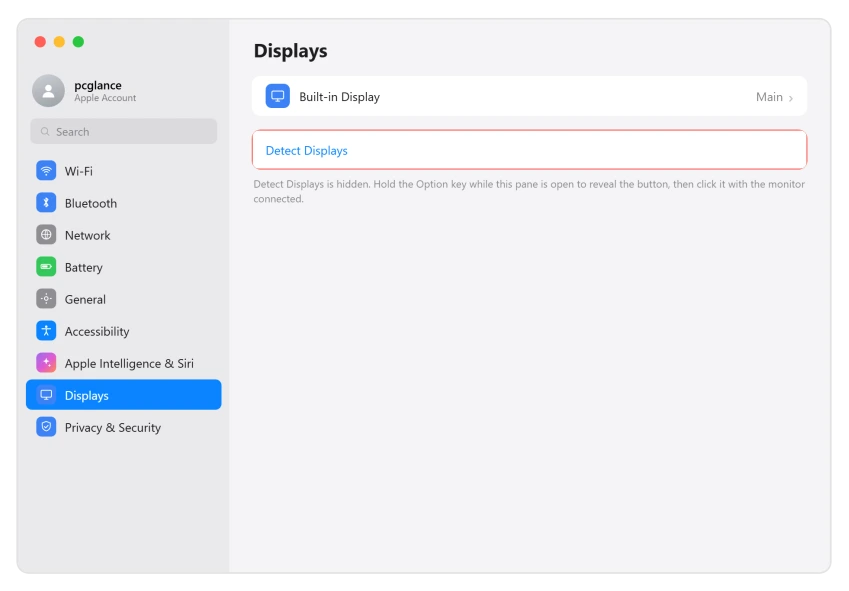 macOS Displays settings with the Detect Displays button revealed