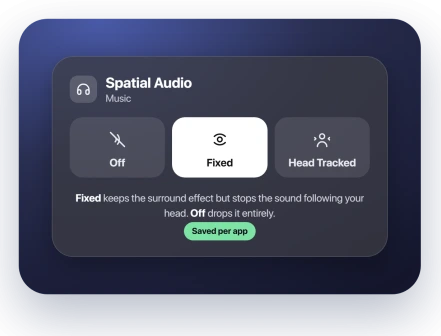 The iOS Spatial Audio control with Off, Fixed, and Head Tracked options, with Fixed chosen to stop the sound following your head