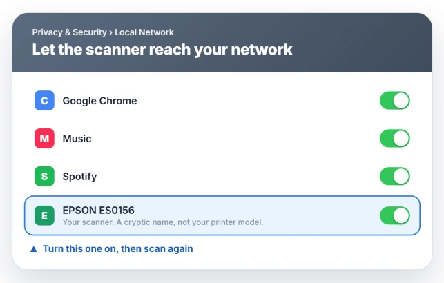 System Settings, Privacy and Security, Local Network, with the cryptic scanner entry EPSON ES0156 switched on