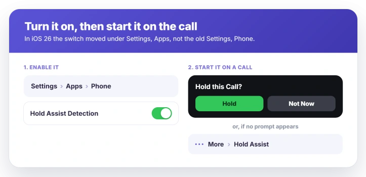 How to reach Hold Assist: enable it in Settings, Apps, Phone, Hold Assist Detection, then trigger it from the Hold this Call prompt or the More menu on a call