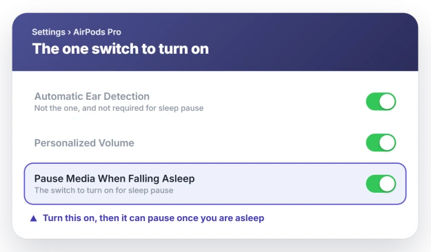 iPhone Settings with the AirPods name tapped, scrolled to the Pause Media When Falling Asleep toggle switched on