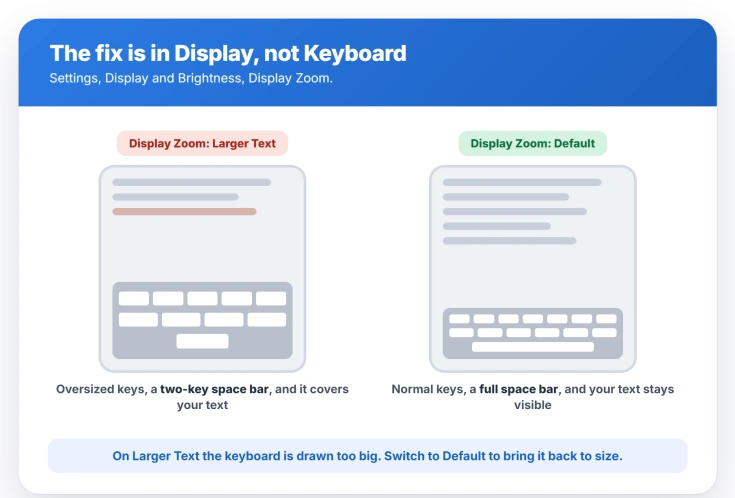 iPad Display and Brightness, Display Zoom set to Larger Text with an oversized keyboard covering the field and a two-key-wide space bar, versus Default with a normal keyboard under the field