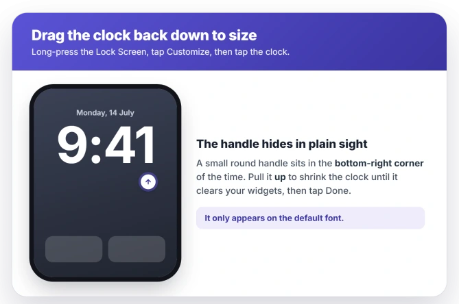 The Lock Screen clock resize handle: a round handle in the bottom-right corner of the time, dragged up to shrink the clock so it clears the widgets under it