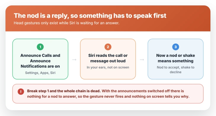 Why AirPods head gestures do nothing: nodding only works while Siri is announcing a call or notification, so Announce Calls and Announce Notifications must be switched on first