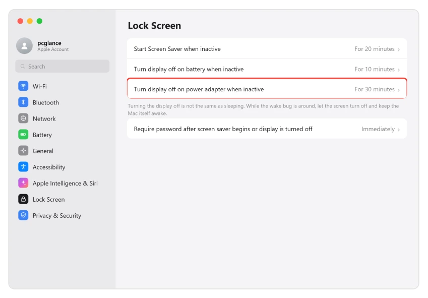 macOS Lock Screen settings turning the display off without sleeping the Mac