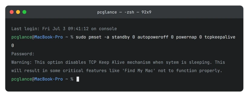 Terminal running the pmset command that disables deep sleep on a Mac