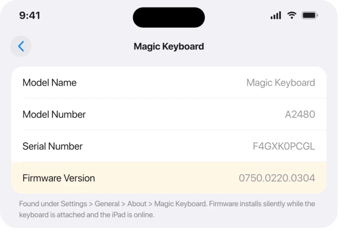 iPad About screen showing the Magic Keyboard firmware version