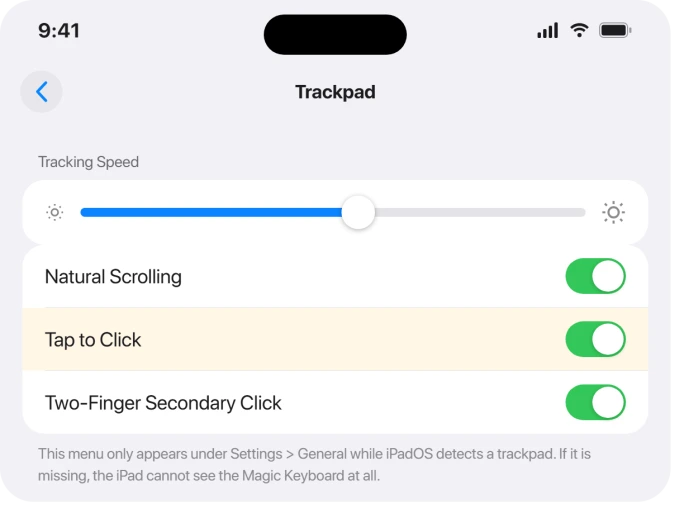 iPad Trackpad settings with Tap to Click and Natural Scrolling