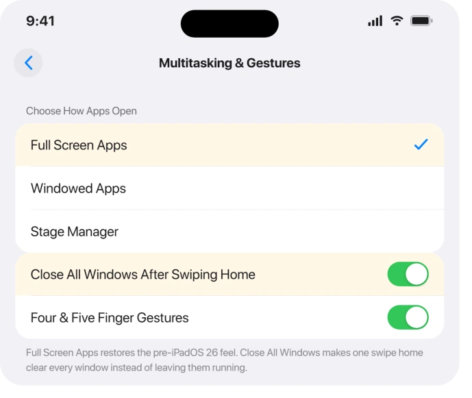 iPadOS 26 Multitasking and Gestures settings with Full Screen Apps and Close All Windows After Swiping Home