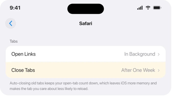 Safari settings with Close Tabs and Open Links options