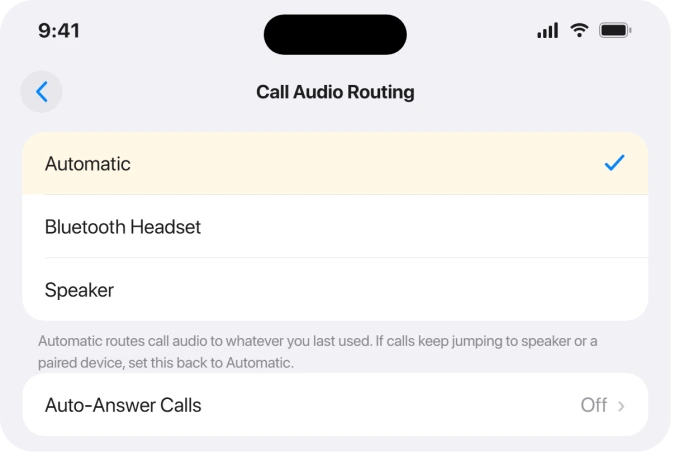 The Call Audio Routing screen set to Automatic