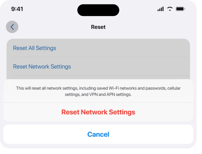 The iPhone Reset menu with Reset Network Settings selected