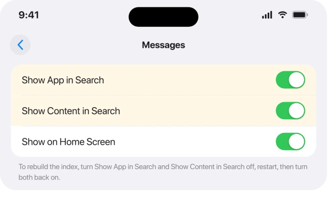 The iOS 26 Settings Search screen for Messages with Show App in Search and Show Content in Search